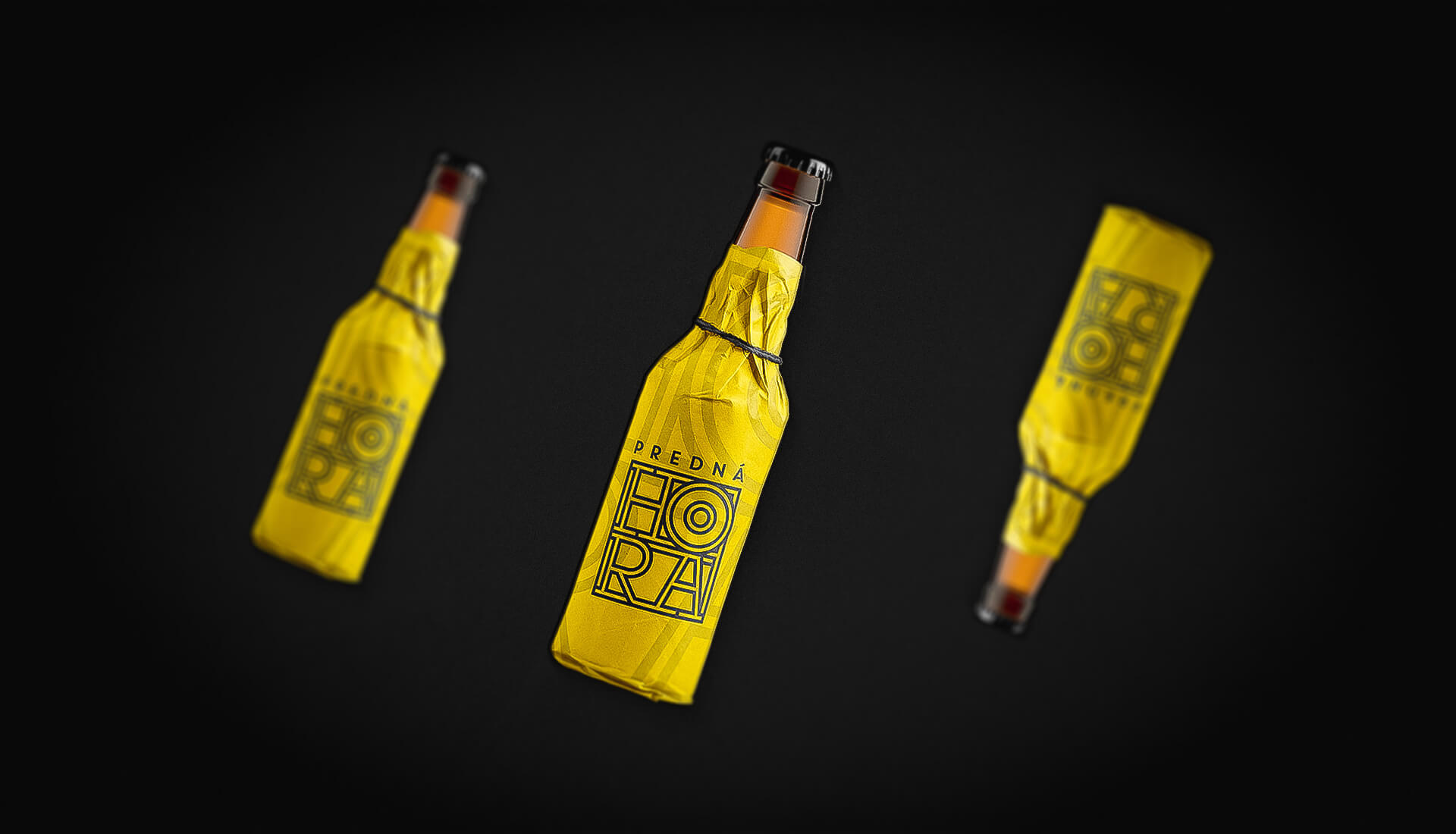 Etiketa na pivo, obalový dizajn wrap na fľašu žltý Predná Hora Etiketa na pivo, obalový dizajn wrap na fľašu žltý Predná Hora